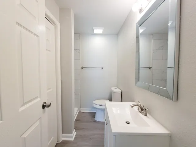 a bathroom with a sink toilet and vanity