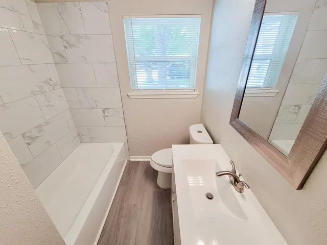 a bathroom with a bathtub