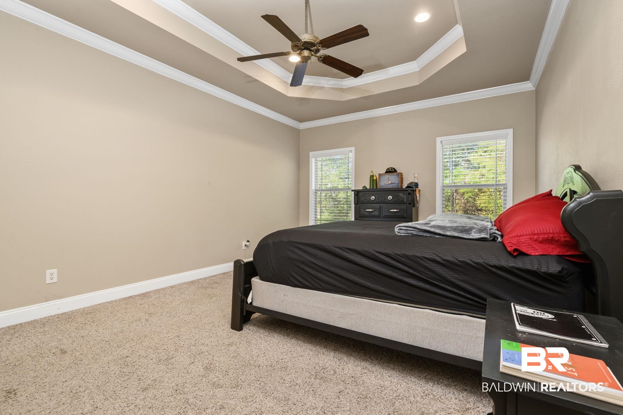 7506 Carlson Court Mobile, AL 36619 - Photo 29 of 33 Carpeted bedroom with a raised ceiling, crown molding, and ceiling fan