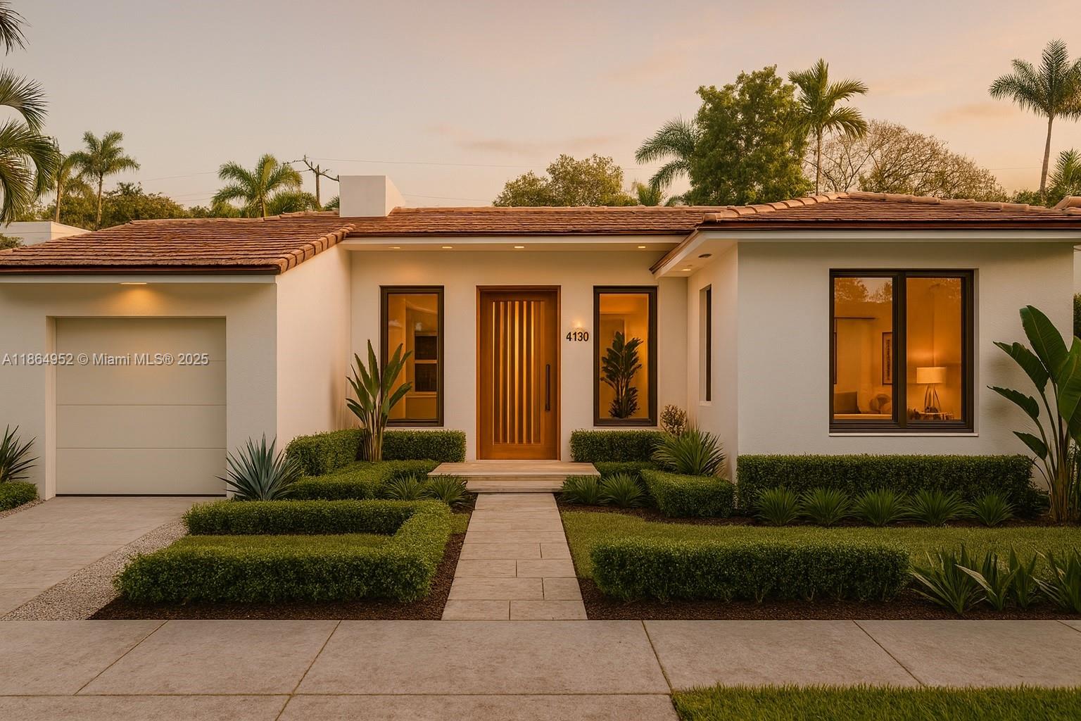 a view of a house with a small yard and plants