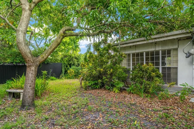 a view of a backyard with plants and large trees
