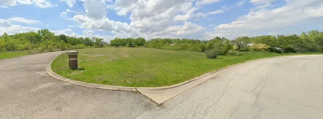 a view of a swimming pool with a yard and large trees