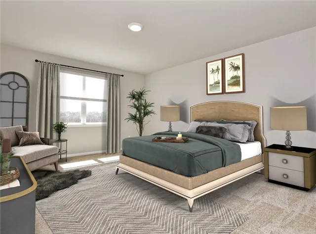 a bedroom with a bed lamp and window