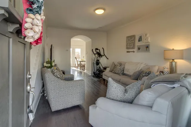 a living room with furniture and a potted plant