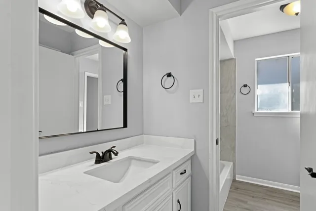 a bathroom with a sink and a mirror