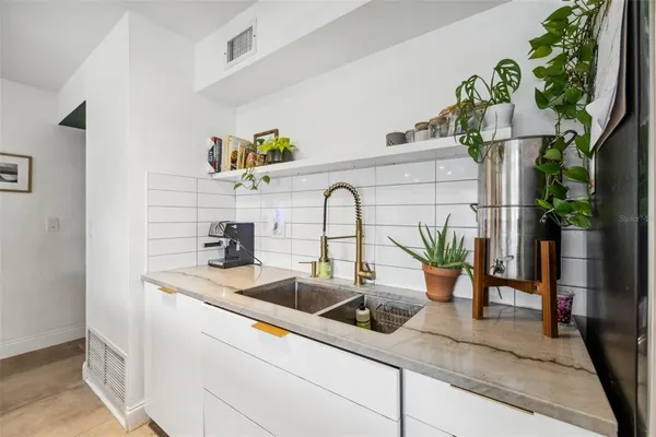 a kitchen with a sink and a potted plant
