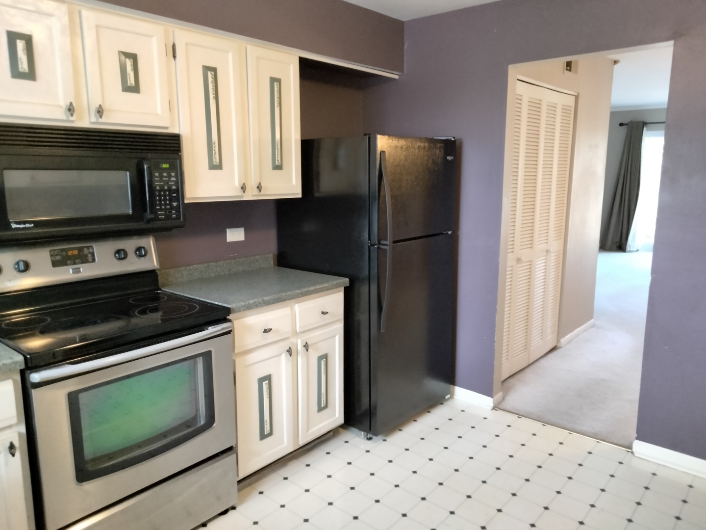 896 South Plum Grove Road, Unit 217 Palatine, IL 60067 - Photo 2 of 15 a kitchen with granite countertop a refrigerator stove and microwave