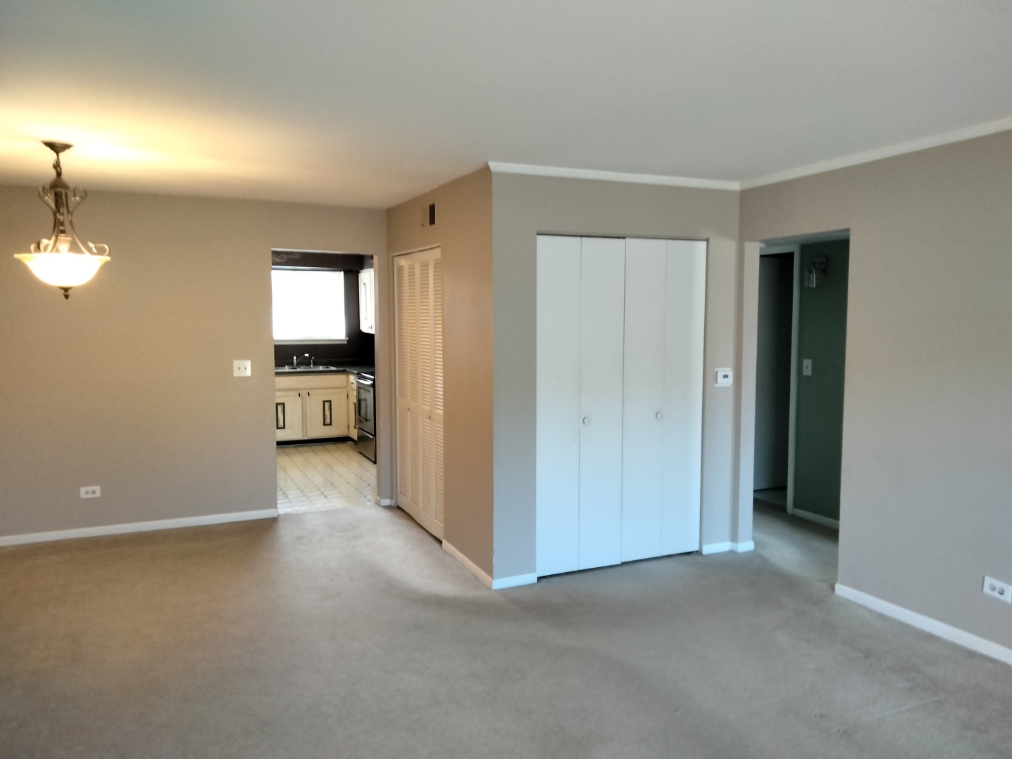 896 South Plum Grove Road, Unit 217 Palatine, IL 60067 - Photo 5 of 15 an empty room with kitchen view and a fireplace