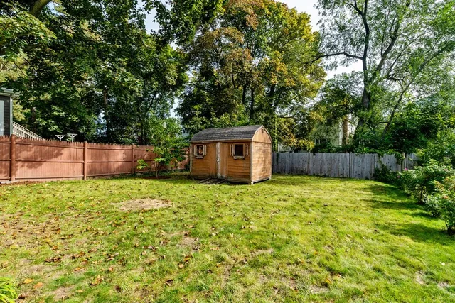a backyard of a house with plants and large trees