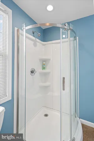 a bathroom with a shower and a glass door