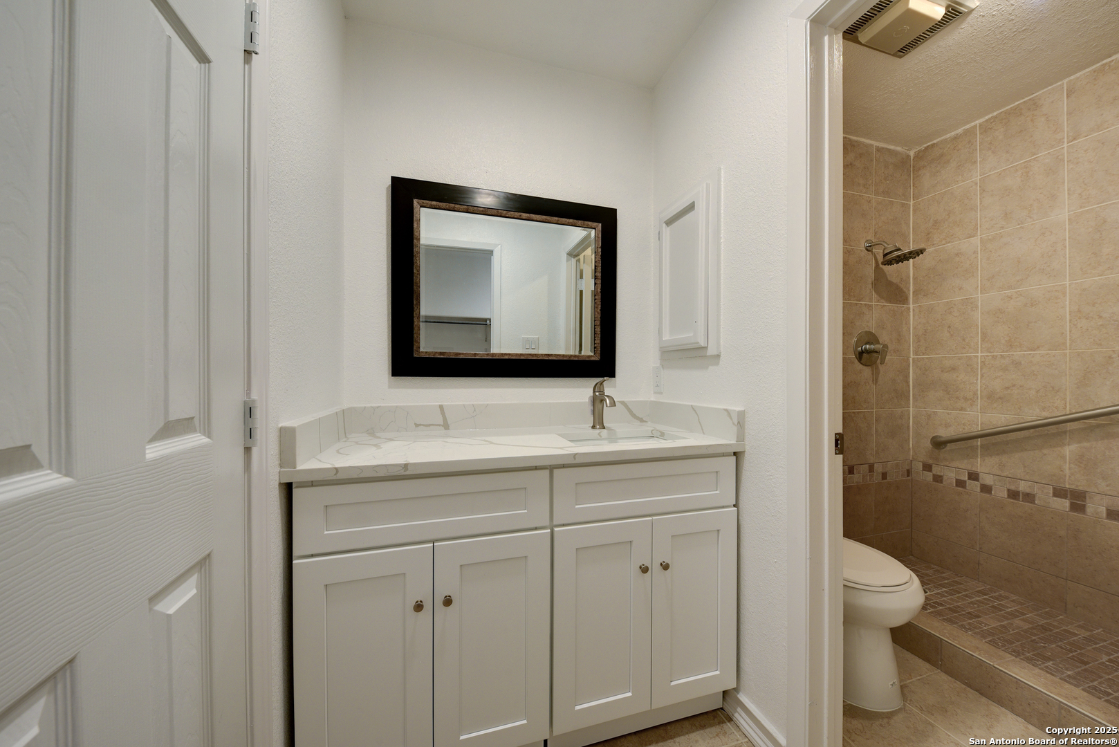 8903 Ridge Sky Street San Antonio, TX 78250 - Photo 13 of 20 a bathroom with a toilet a sink and mirror