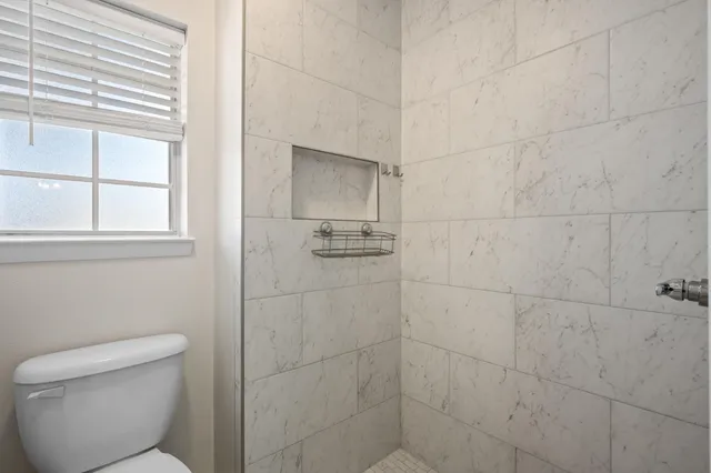 a bathroom with a toilet and a shower