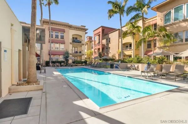 a view of a building with a swimming pool