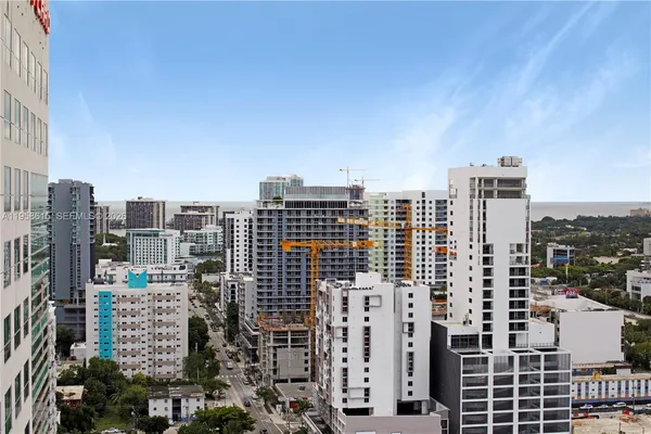 a city view with tall buildings