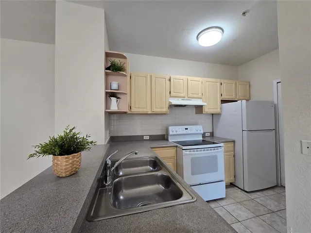 a kitchen with a sink and a refrigerator