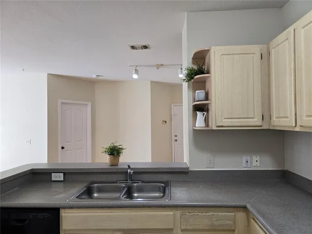 a kitchen with a sink and cabinets