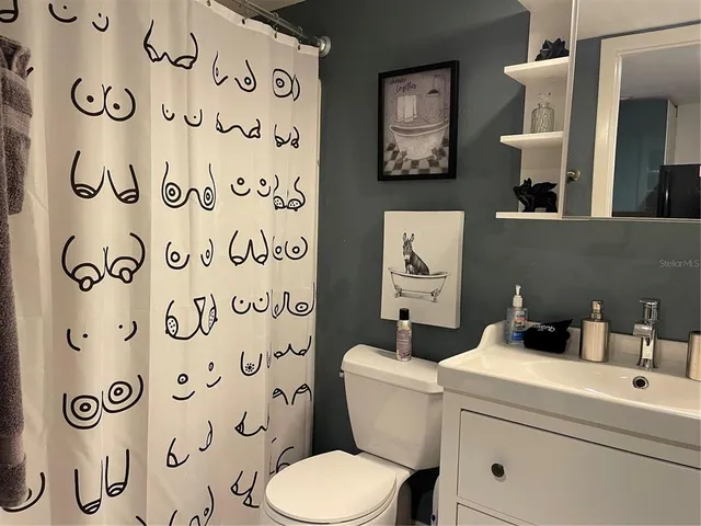a bathroom with a toilet and a shower curtain
