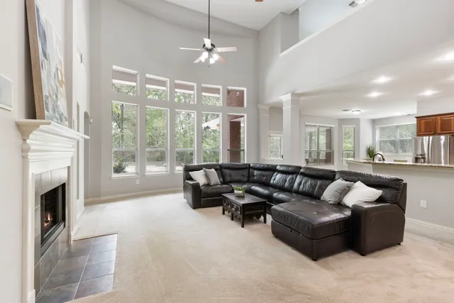 a living room with furniture and a fireplace