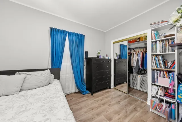 a view of a bedroom with furniture and closet