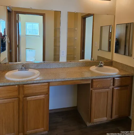 a bathroom with a sink and a mirror