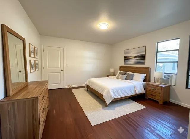 a bedroom with a bed and wooden floor