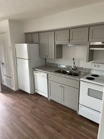 a kitchen with a sink a refrigerator and white cabinets