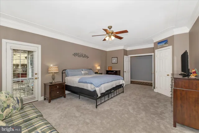 a spacious bedroom with a bed and a cabinets