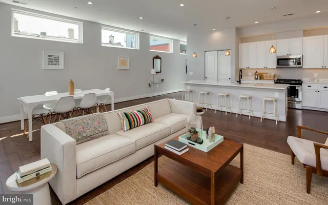 a living room with furniture and kitchen view