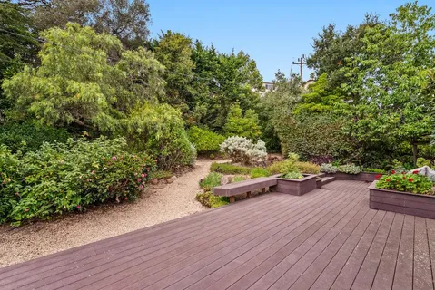 an outdoor space with furniture