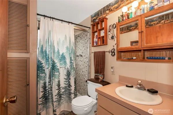 a bathroom with a sink toilet and shower