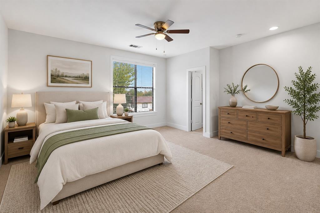 4211 Rawlins Street, Unit 528 Dallas, TX 75219 - Photo 7 of 14 Spacious room featuring neutral carpeting, a ceiling fan, a large window with blinds, and white walls