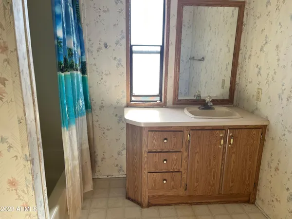 a bathroom with a sink and a mirror