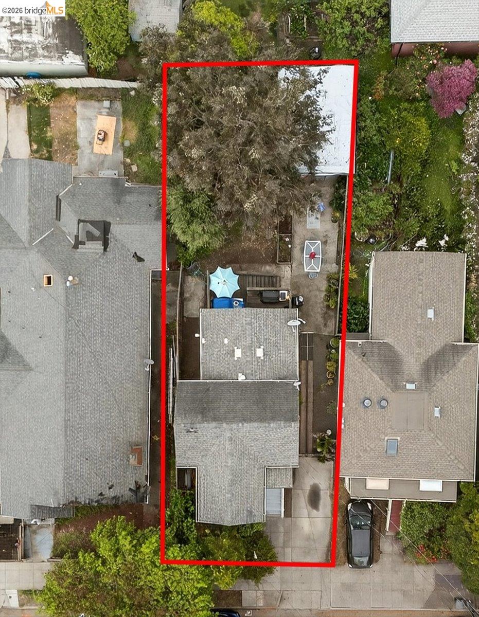 1013 Addison Street Berkeley, CA 94710 - Photo 56 of 57 Aerial perspective of suburban area with property parcel outlined