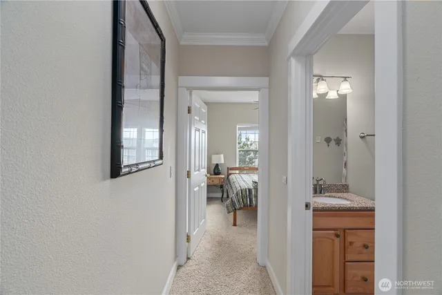 a view of a livingroom from a hallway