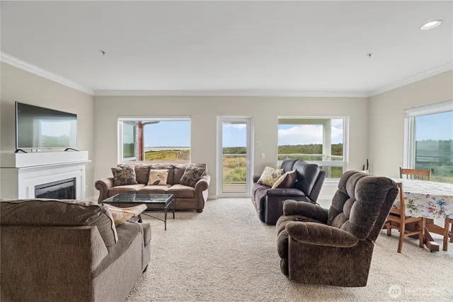 a living room with furniture two windows and a fireplace