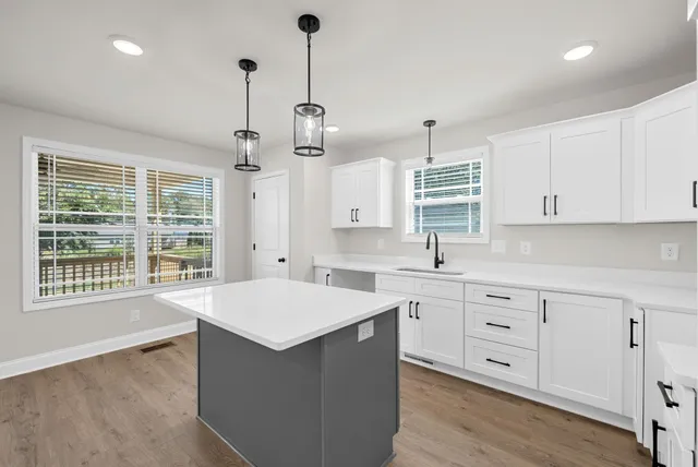 a kitchen with a refrigerator a sink and dishwasher with wooden floor