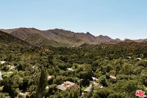 an aerial view of houses covered in trees
