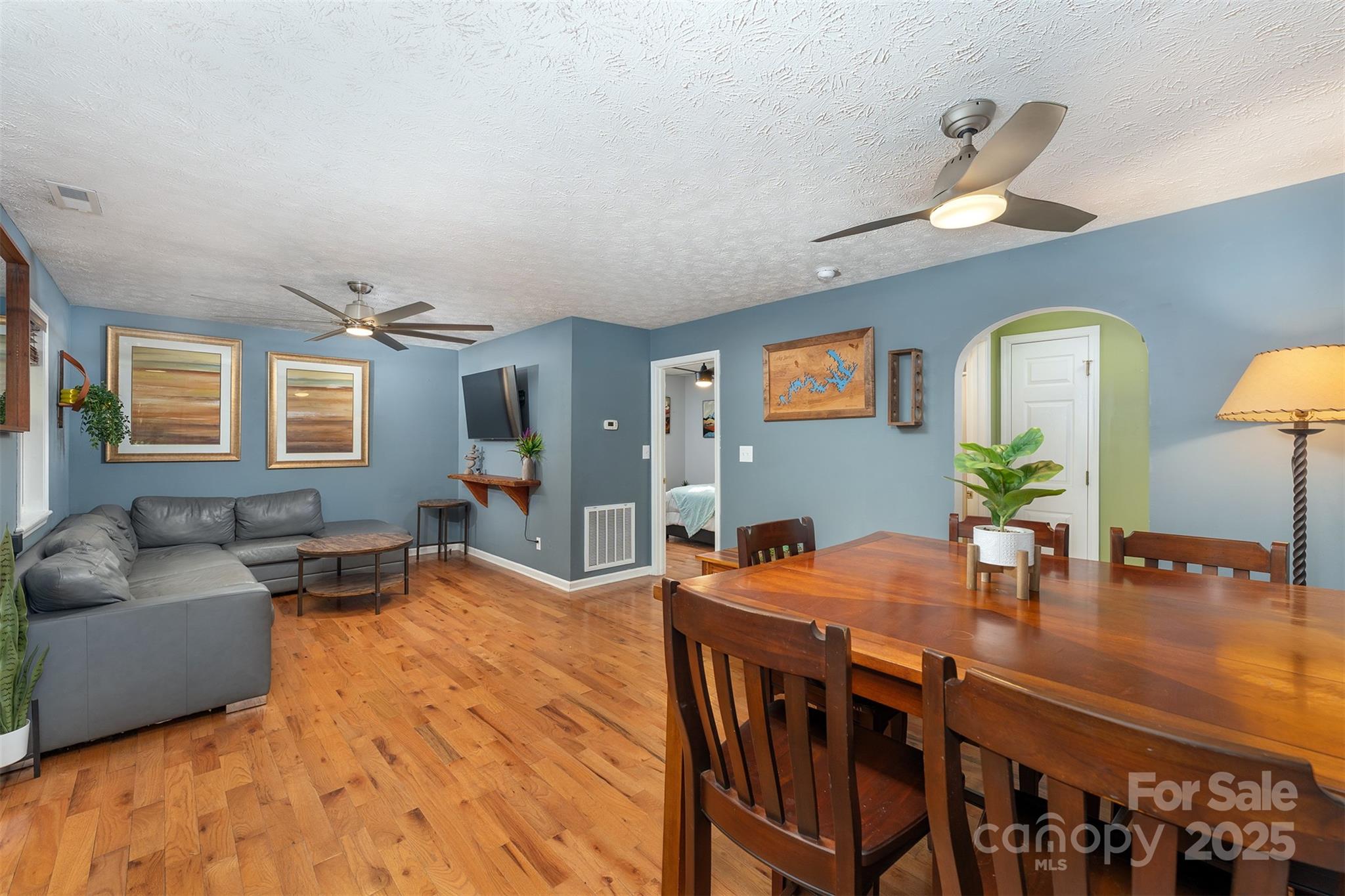 a view of a dining room with furniture