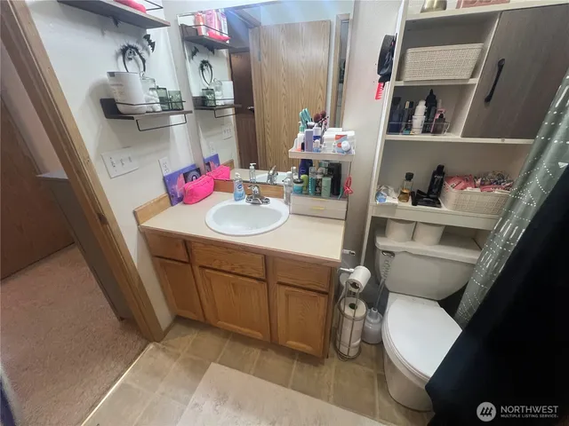 a bathroom with a sink vanity and toilet