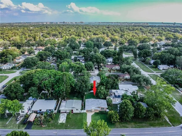 an aerial view of residential houses with outdoor space and trees
