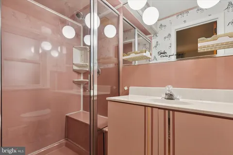 a bathroom with a sink a mirror and a shower