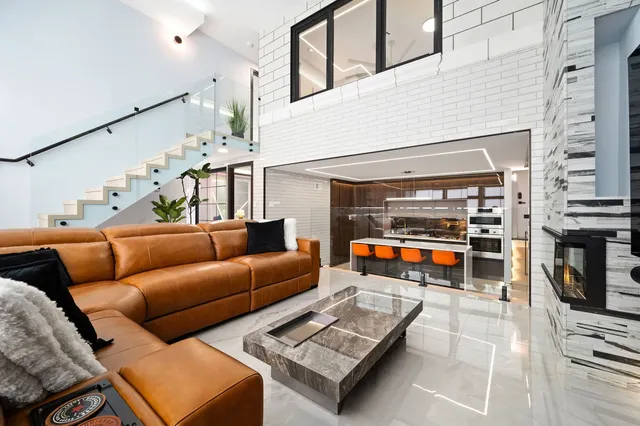 a outdoor living space with furniture and a fireplace