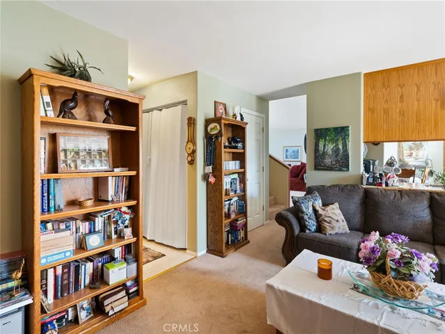 a living room with furniture and a book shelf