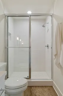 a bathroom with a shower and a toilet
