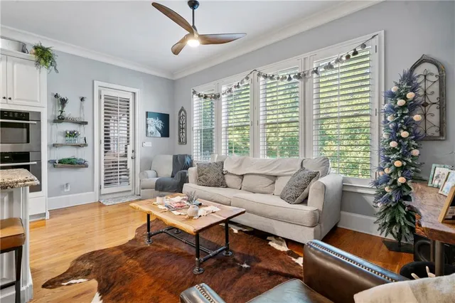a living room with furniture and a potted plant