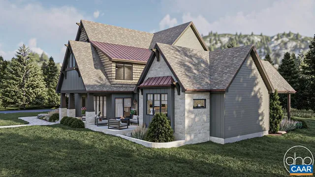 a view of a house with backyard and porch