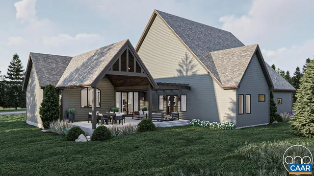 a front view of house with a garden and patio