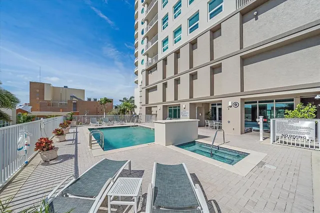 a view of a building with a bench