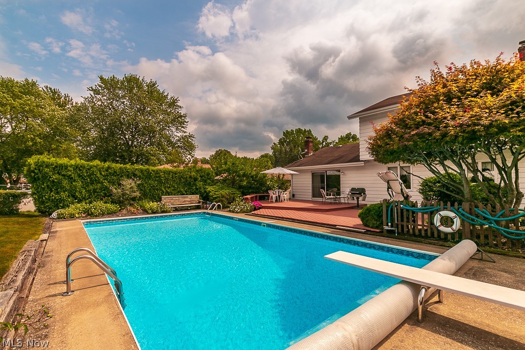 Pool size 36' x 18 1/2'  and depth goes from 4ft to 9ft with diving board. Pool also has a heater.