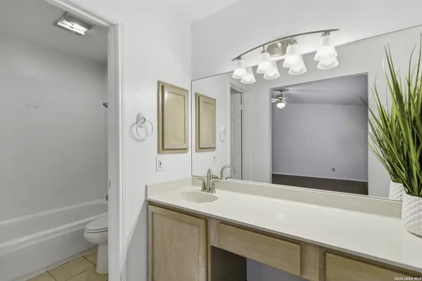 a bathroom with a sink a toilet and a mirror
